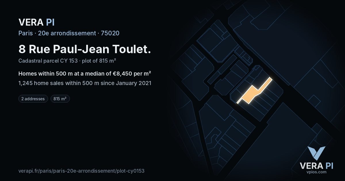 8 Rue Paul-Jean Toulet, 20e arrondissement at night – the plot lit, the parcels around coloured by the prices near them