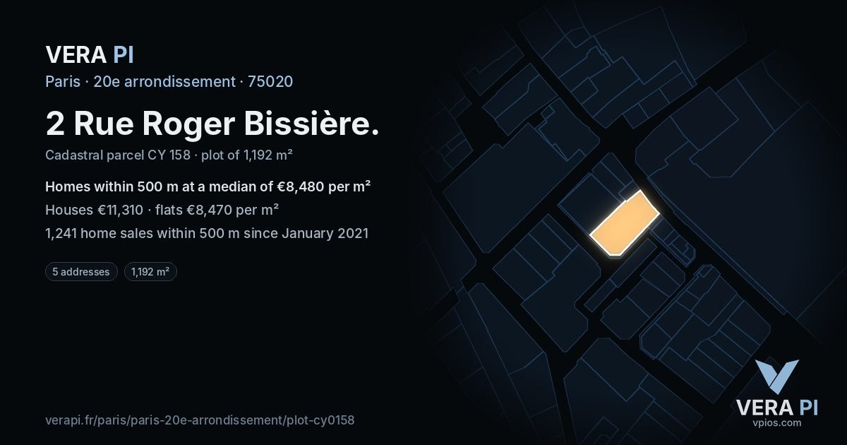 2 Rue Roger Bissière, 20e arrondissement at night – the plot lit, the parcels around coloured by the prices near them
