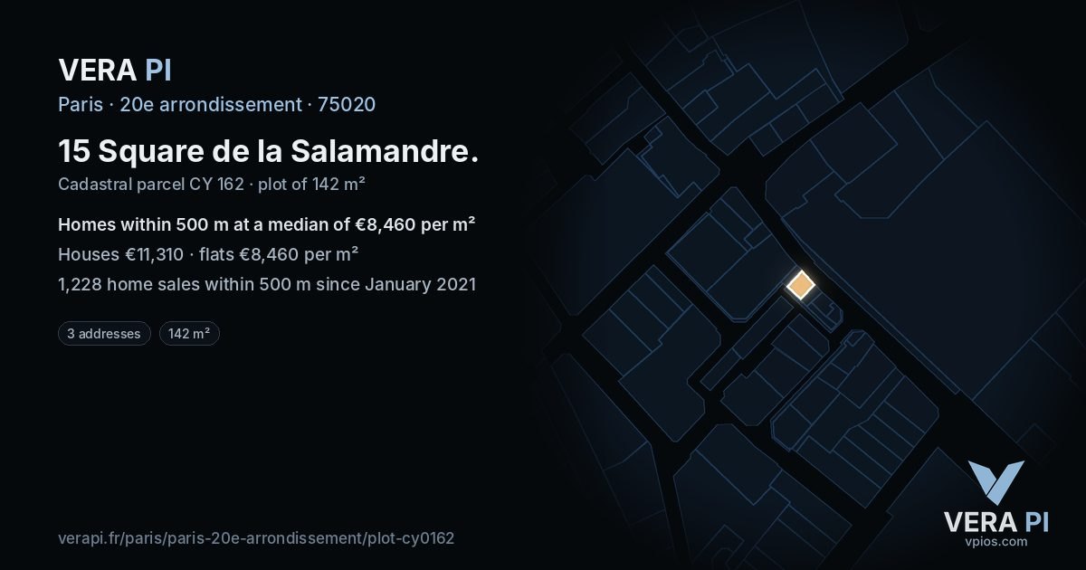 15 Square de la Salamandre, 20e arrondissement at night – the plot lit, the parcels around coloured by the prices near them