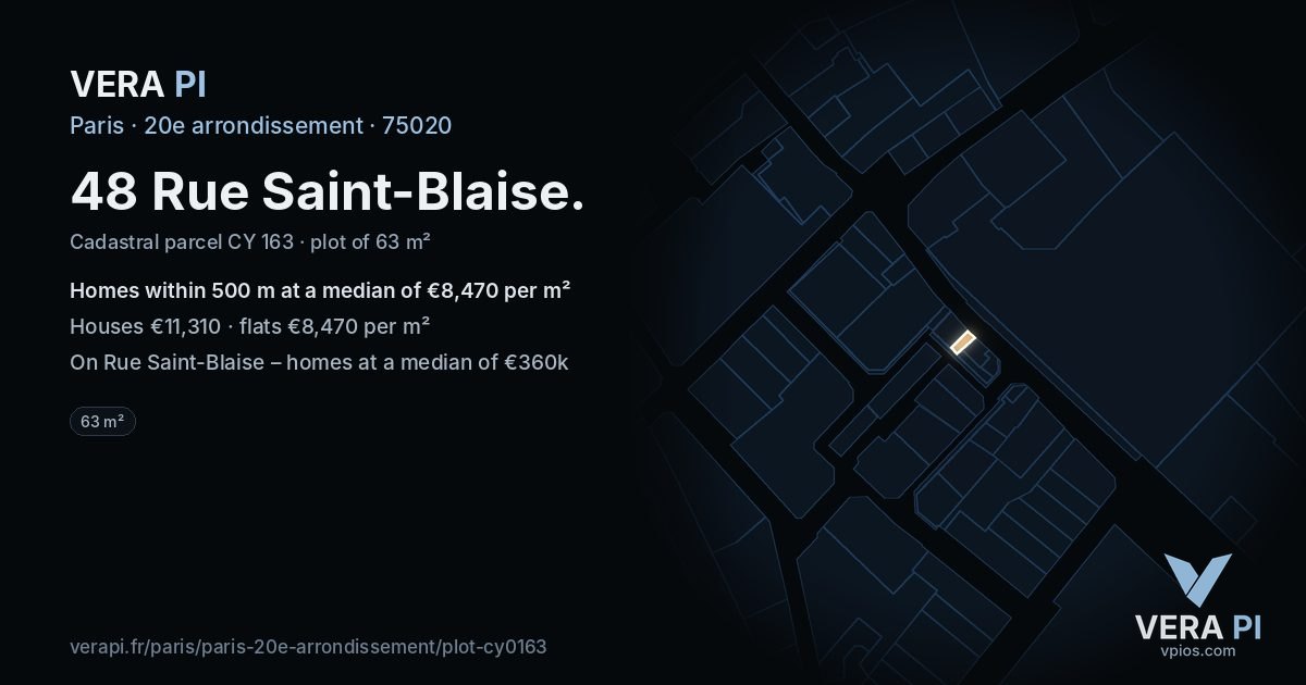 48 Rue Saint-Blaise, 20e arrondissement at night – the plot lit, the parcels around coloured by the prices near them
