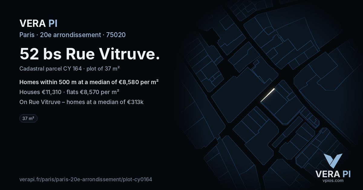 52 bs Rue Vitruve, 20e arrondissement at night – the plot lit, the parcels around coloured by the prices near them