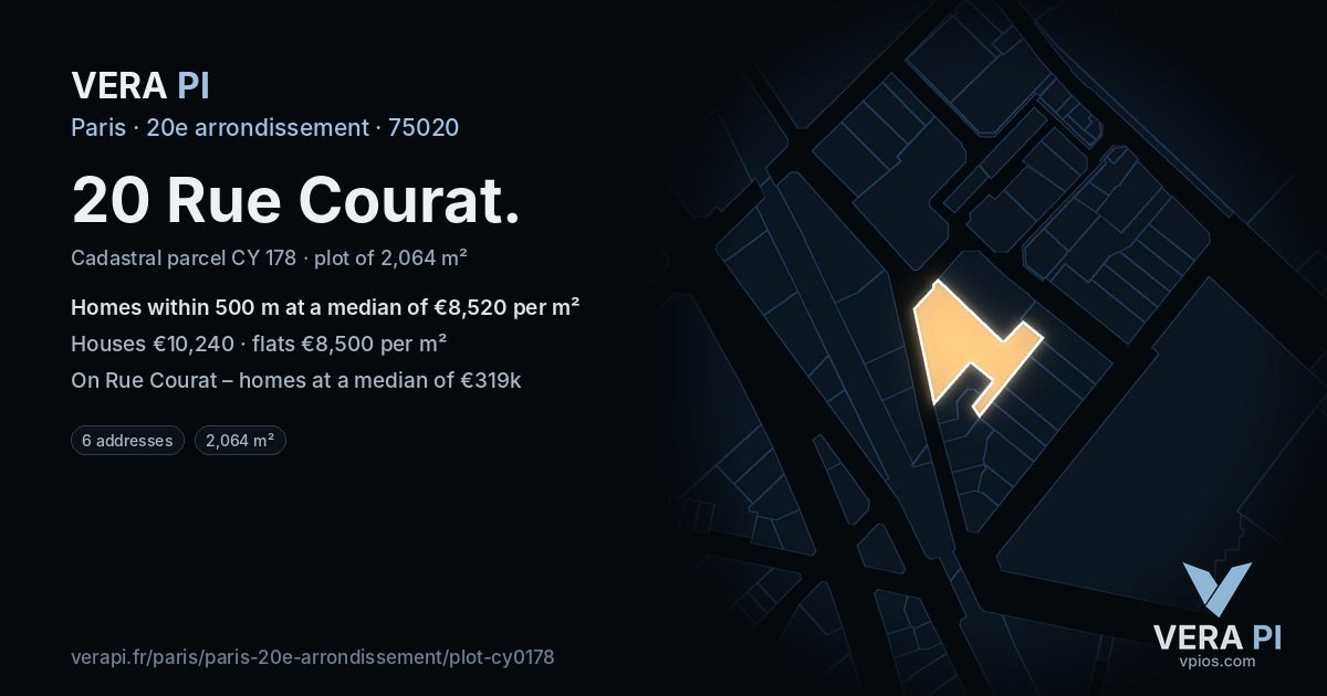 20 Rue Courat, 20e arrondissement at night – the plot lit, the parcels around coloured by the prices near them