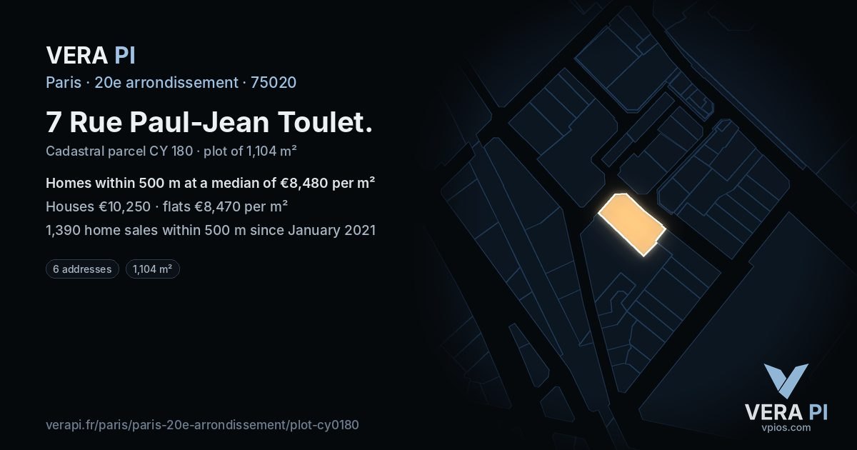 7 Rue Paul-Jean Toulet, 20e arrondissement at night – the plot lit, the parcels around coloured by the prices near them