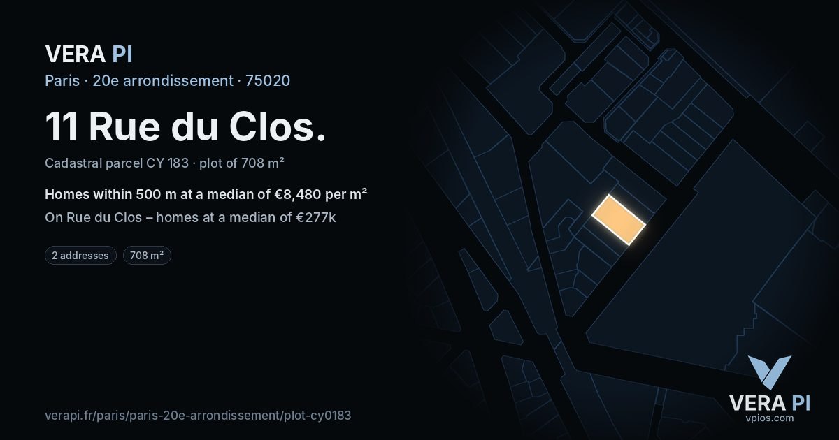 11 Rue du Clos, 20e arrondissement at night – the plot lit, the parcels around coloured by the prices near them