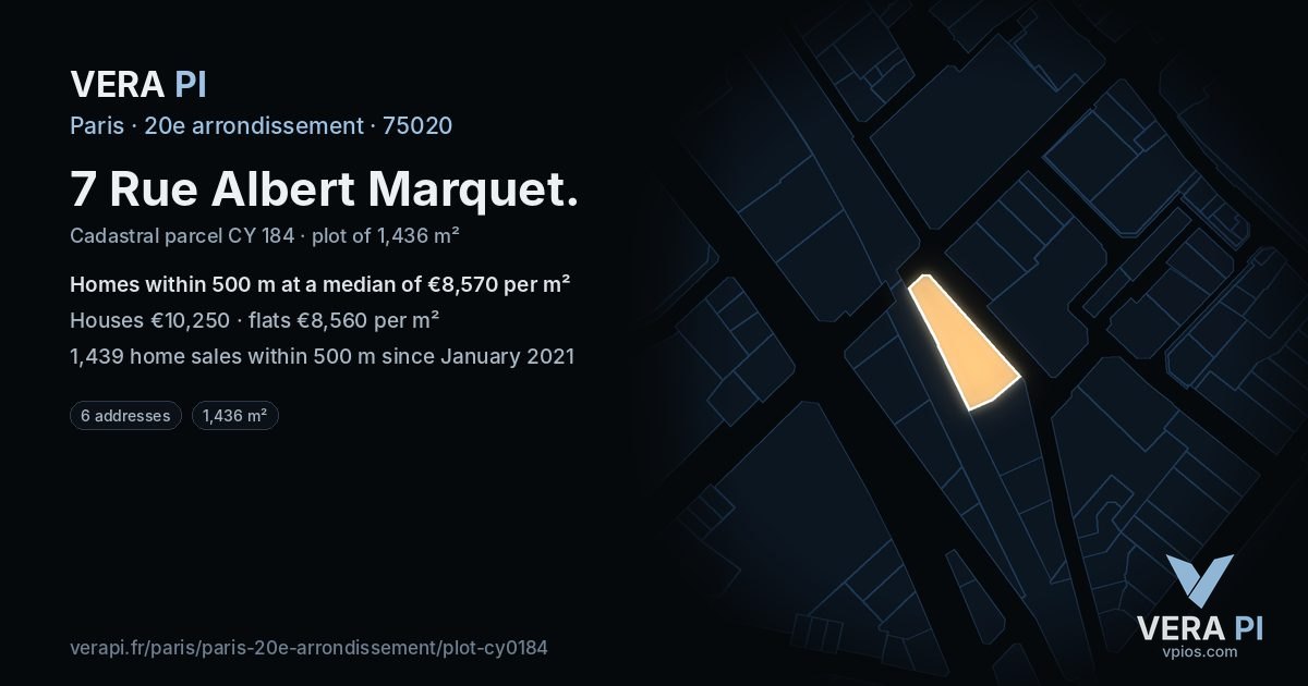 7 Rue Albert Marquet, 20e arrondissement at night – the plot lit, the parcels around coloured by the prices near them