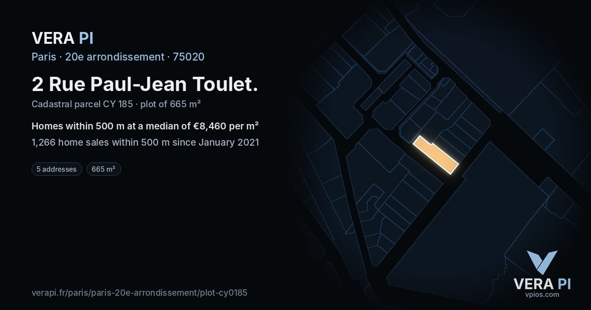 2 Rue Paul-Jean Toulet, 20e arrondissement at night – the plot lit, the parcels around coloured by the prices near them