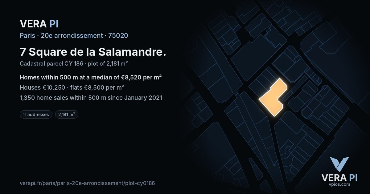 7 Square de la Salamandre, 20e arrondissement at night – the plot lit, the parcels around coloured by the prices near them