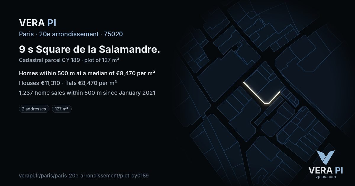 9 s Square de la Salamandre, 20e arrondissement at night – the plot lit, the parcels around coloured by the prices near them