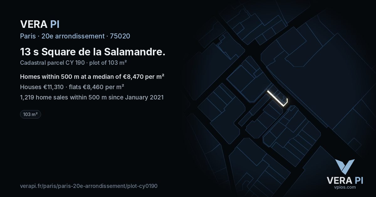 13 s Square de la Salamandre, 20e arrondissement at night – the plot lit, the parcels around coloured by the prices near them