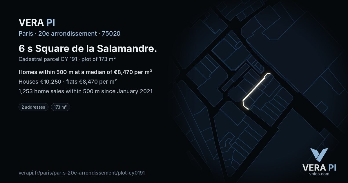 6 s Square de la Salamandre, 20e arrondissement at night – the plot lit, the parcels around coloured by the prices near them