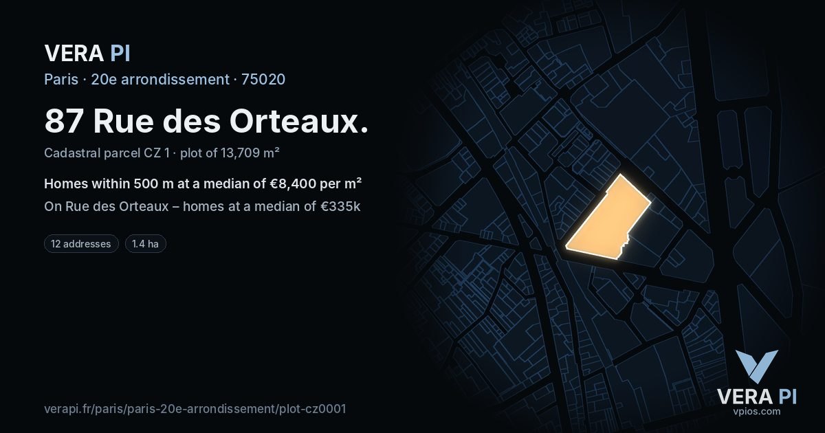 87 Rue des Orteaux, 20e arrondissement at night – the plot lit, the parcels around coloured by the prices near them