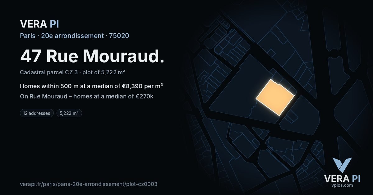 47 Rue Mouraud, 20e arrondissement at night – the plot lit, the parcels around coloured by the prices near them