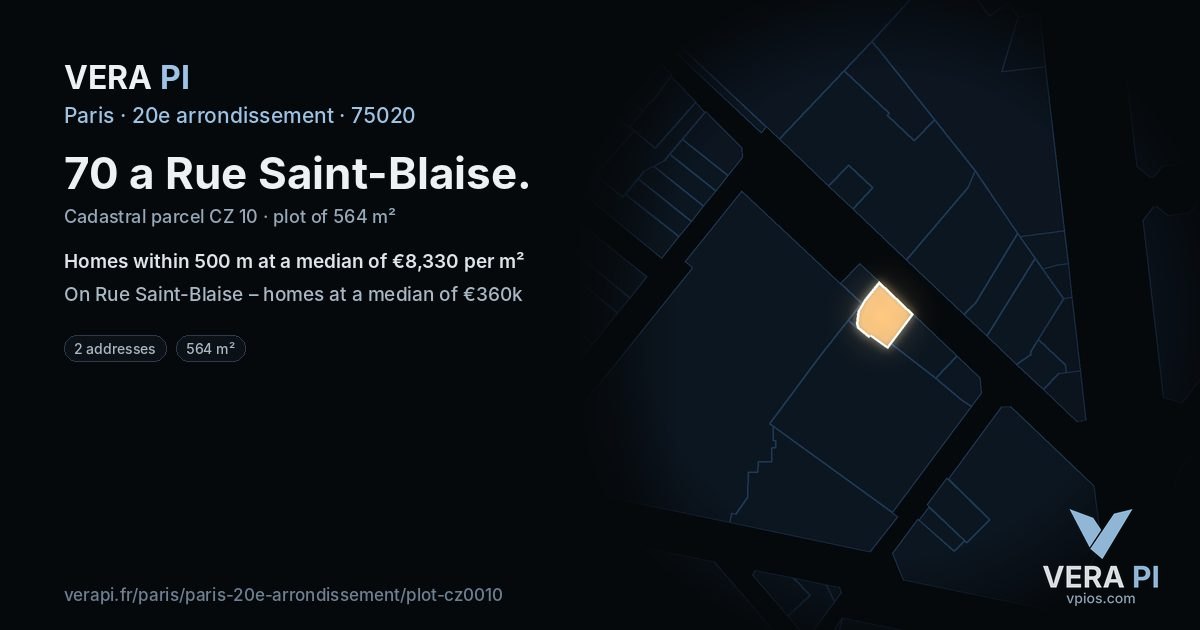 70 a Rue Saint-Blaise, 20e arrondissement at night – the plot lit, the parcels around coloured by the prices near them