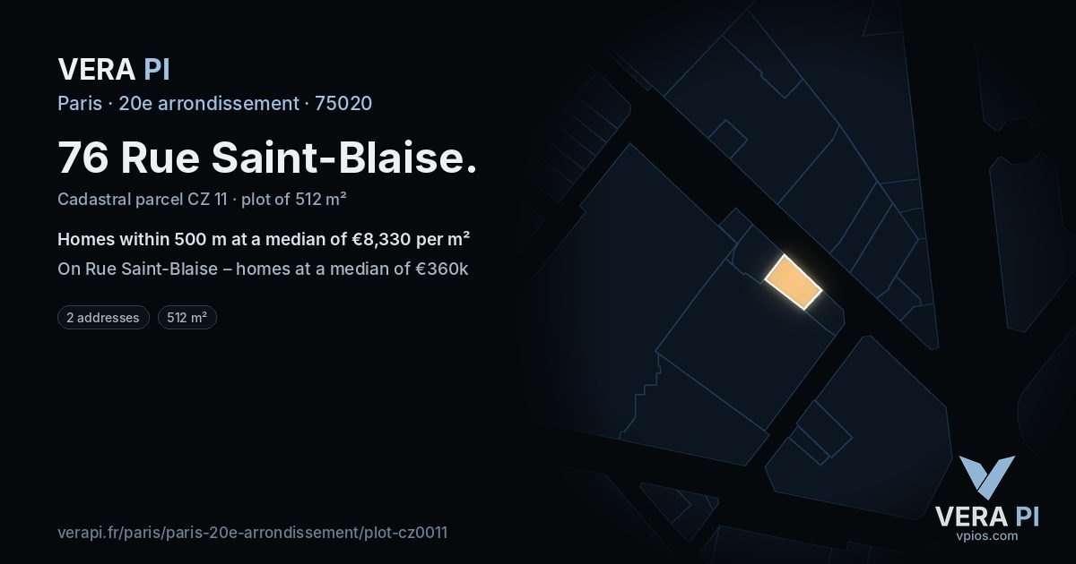 76 Rue Saint-Blaise, 20e arrondissement at night – the plot lit, the parcels around coloured by the prices near them