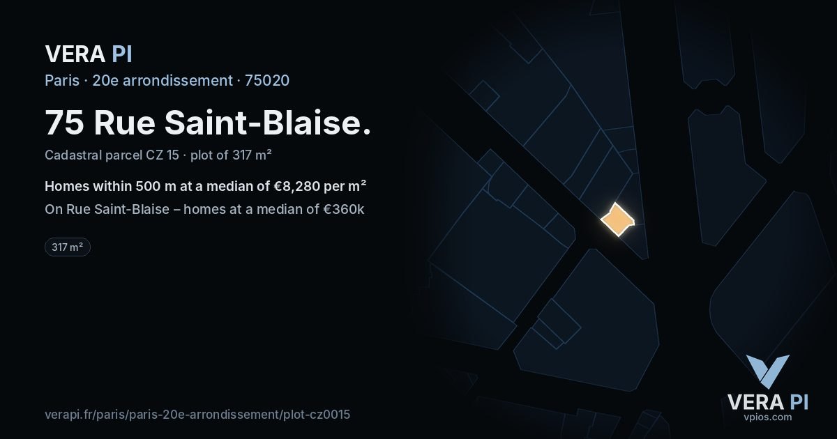 75 Rue Saint-Blaise, 20e arrondissement at night – the plot lit, the parcels around coloured by the prices near them