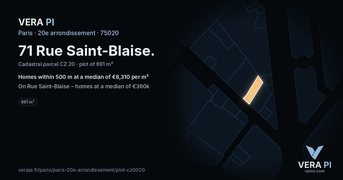 71 Rue Saint-Blaise, 20e arrondissement at night – the plot lit, the parcels around coloured by the prices near them
