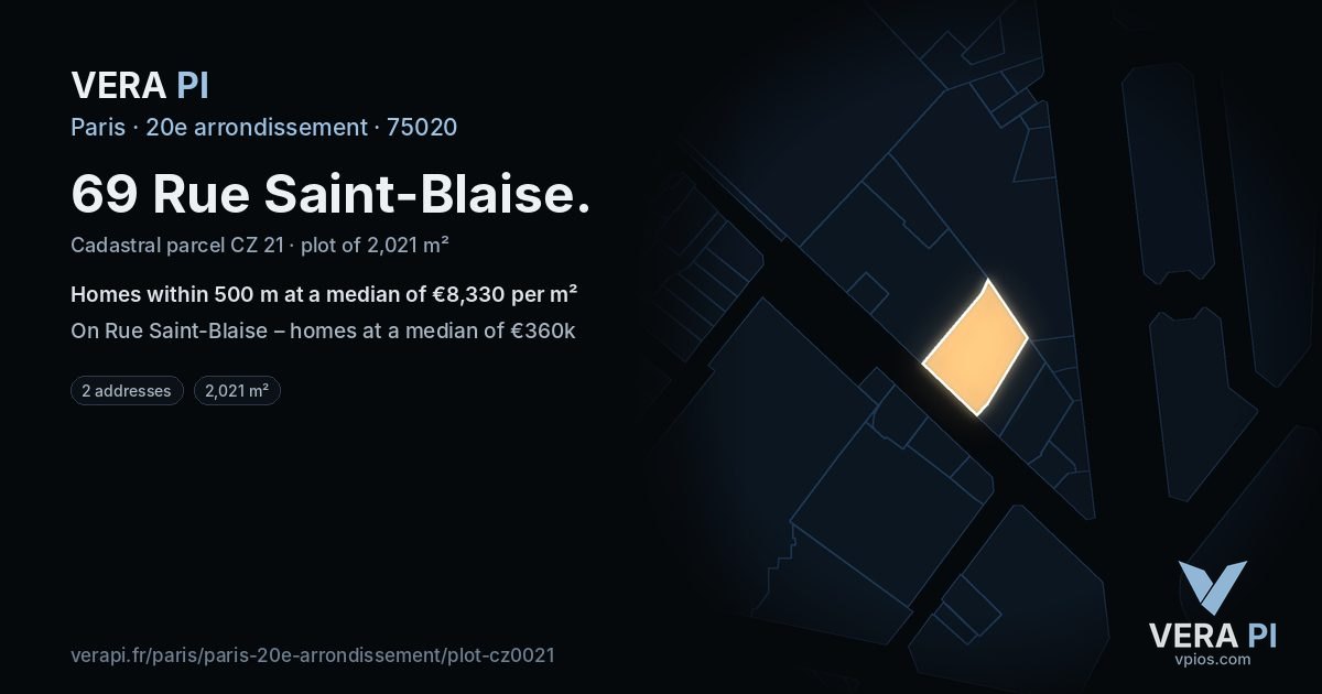 69 Rue Saint-Blaise, 20e arrondissement at night – the plot lit, the parcels around coloured by the prices near them