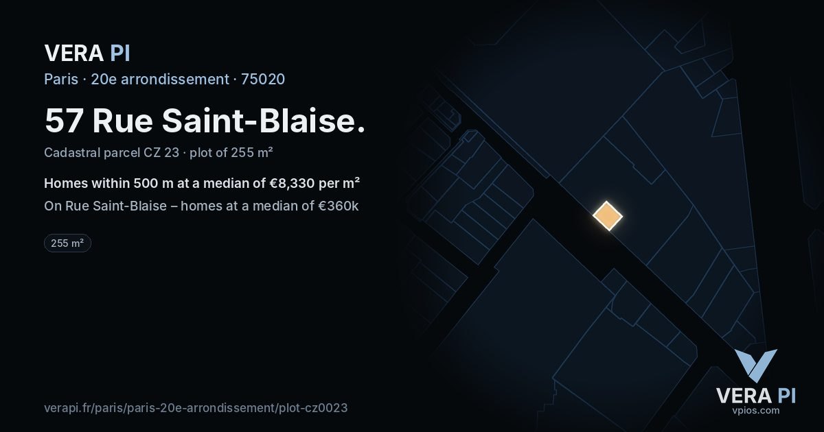 57 Rue Saint-Blaise, 20e arrondissement at night – the plot lit, the parcels around coloured by the prices near them