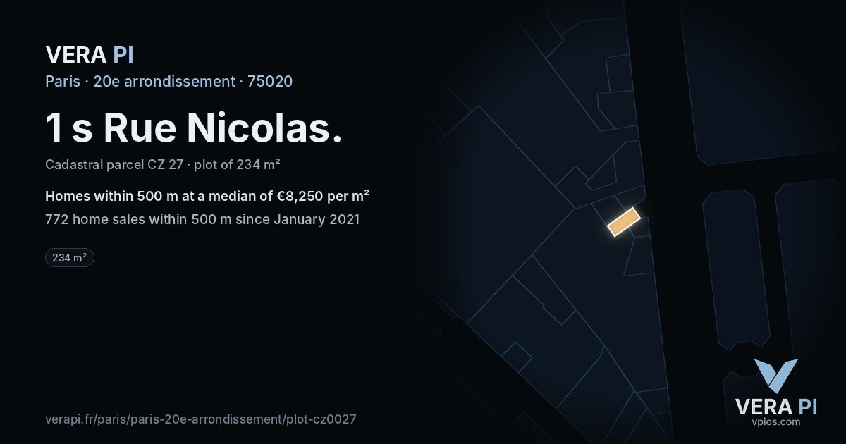 1 s Rue Nicolas, 20e arrondissement at night – the plot lit, the parcels around coloured by the prices near them