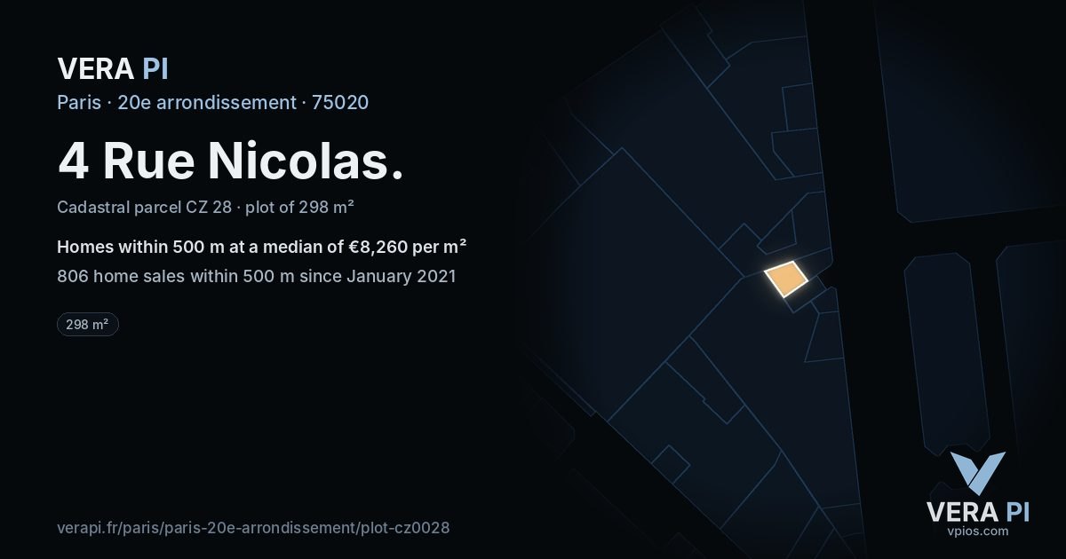 4 Rue Nicolas, 20e arrondissement at night – the plot lit, the parcels around coloured by the prices near them