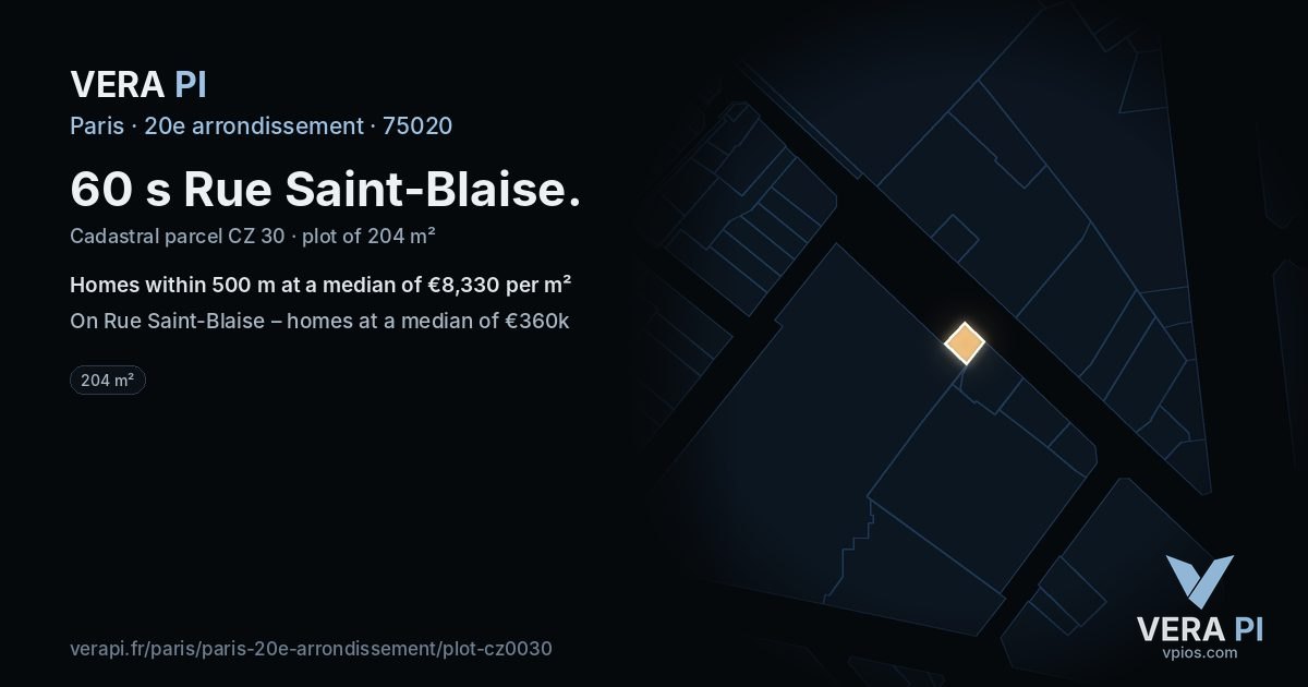 60 s Rue Saint-Blaise, 20e arrondissement at night – the plot lit, the parcels around coloured by the prices near them