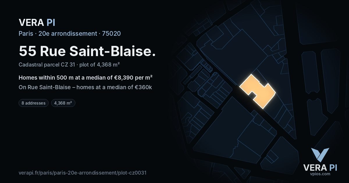 55 Rue Saint-Blaise, 20e arrondissement at night – the plot lit, the parcels around coloured by the prices near them