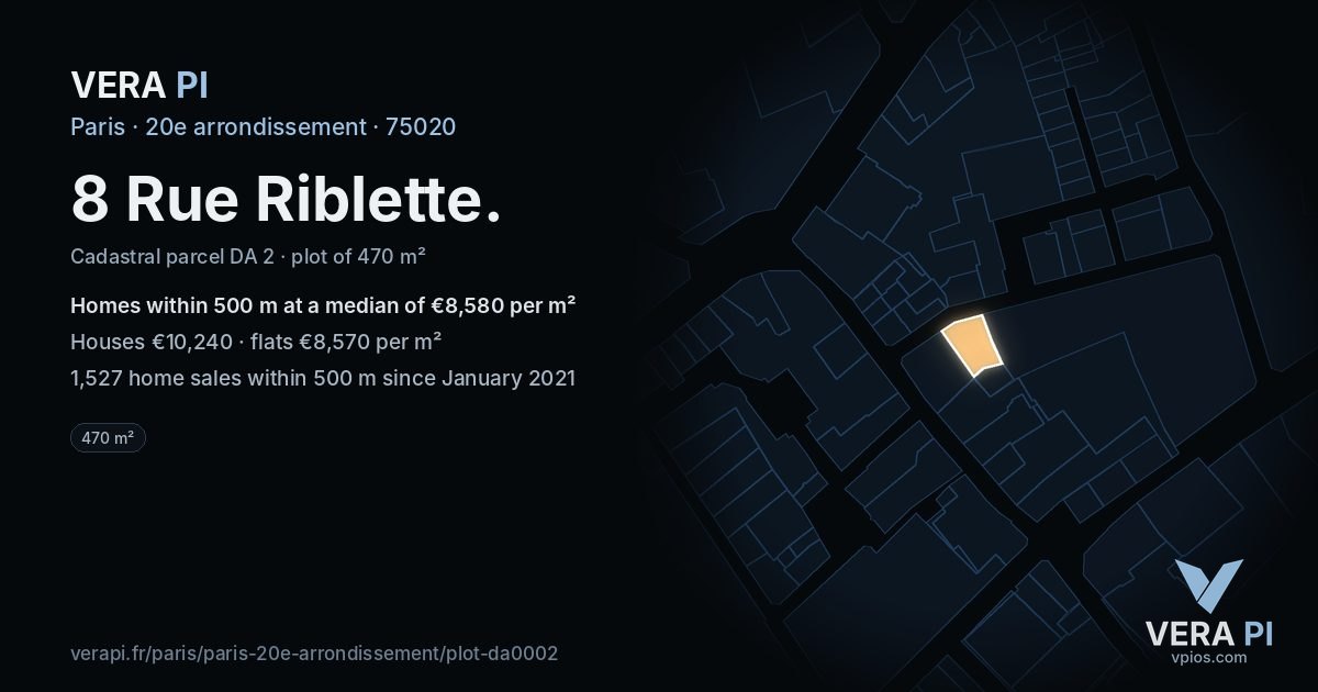 8 Rue Riblette, 20e arrondissement at night – the plot lit, the parcels around coloured by the prices near them