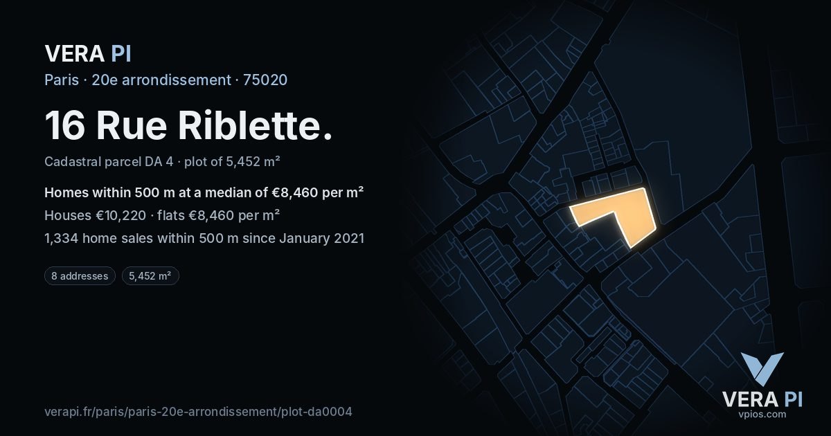 16 Rue Riblette, 20e arrondissement at night – the plot lit, the parcels around coloured by the prices near them