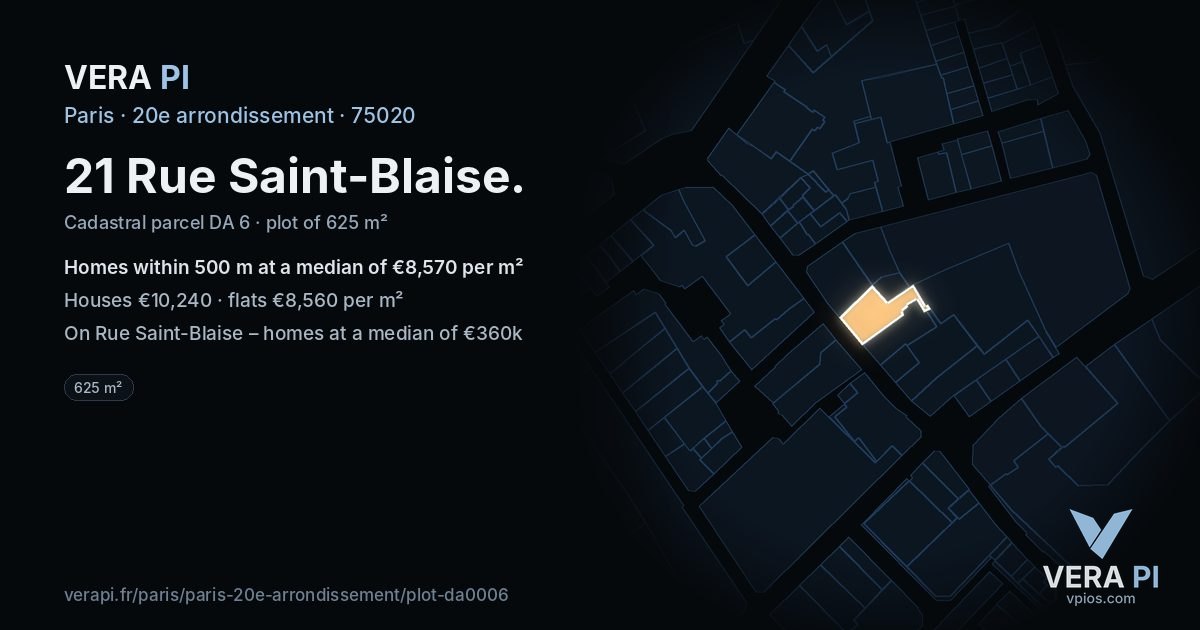 21 Rue Saint-Blaise, 20e arrondissement at night – the plot lit, the parcels around coloured by the prices near them