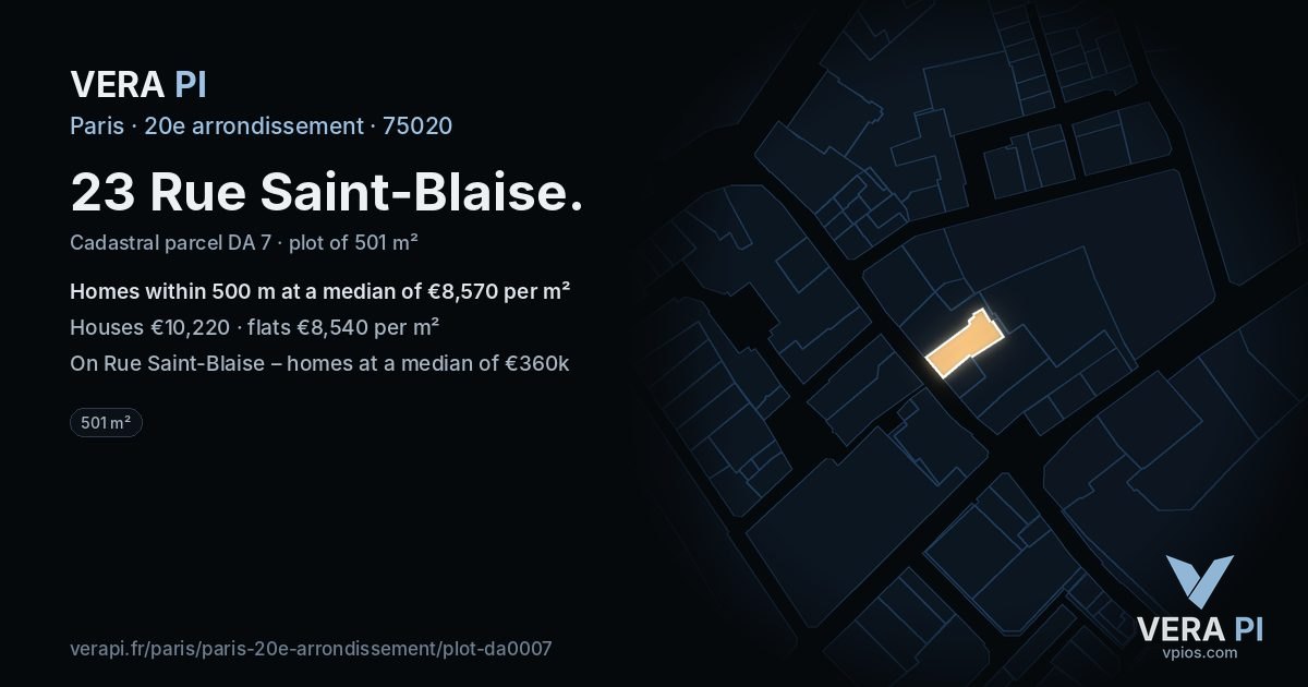 23 Rue Saint-Blaise, 20e arrondissement at night – the plot lit, the parcels around coloured by the prices near them