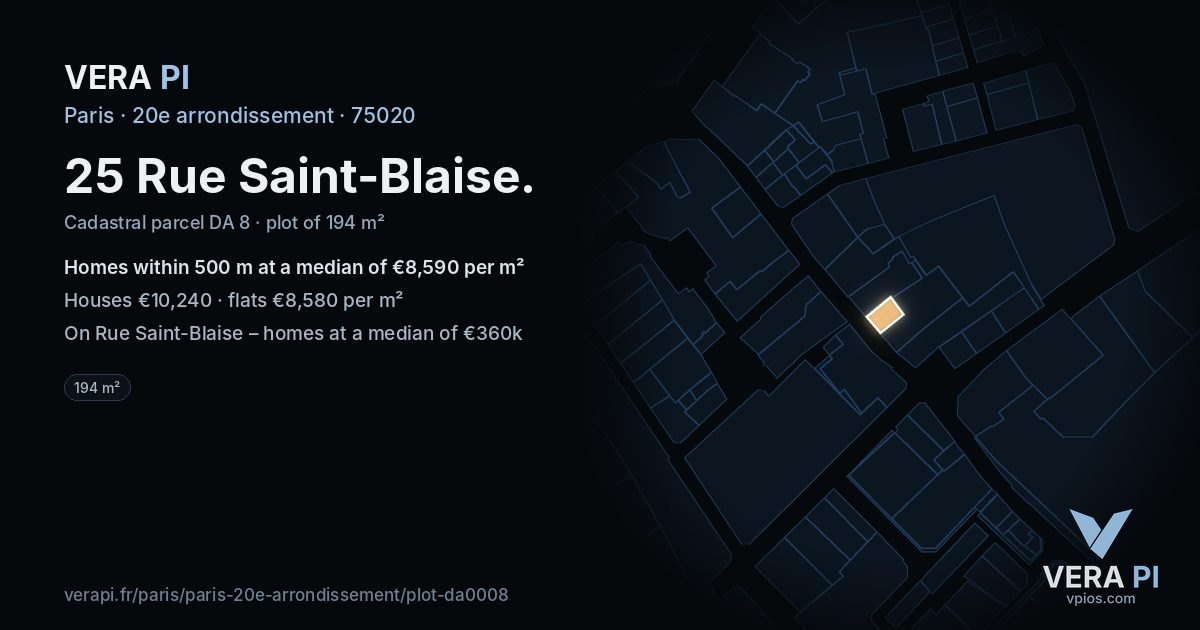 25 Rue Saint-Blaise, 20e arrondissement at night – the plot lit, the parcels around coloured by the prices near them