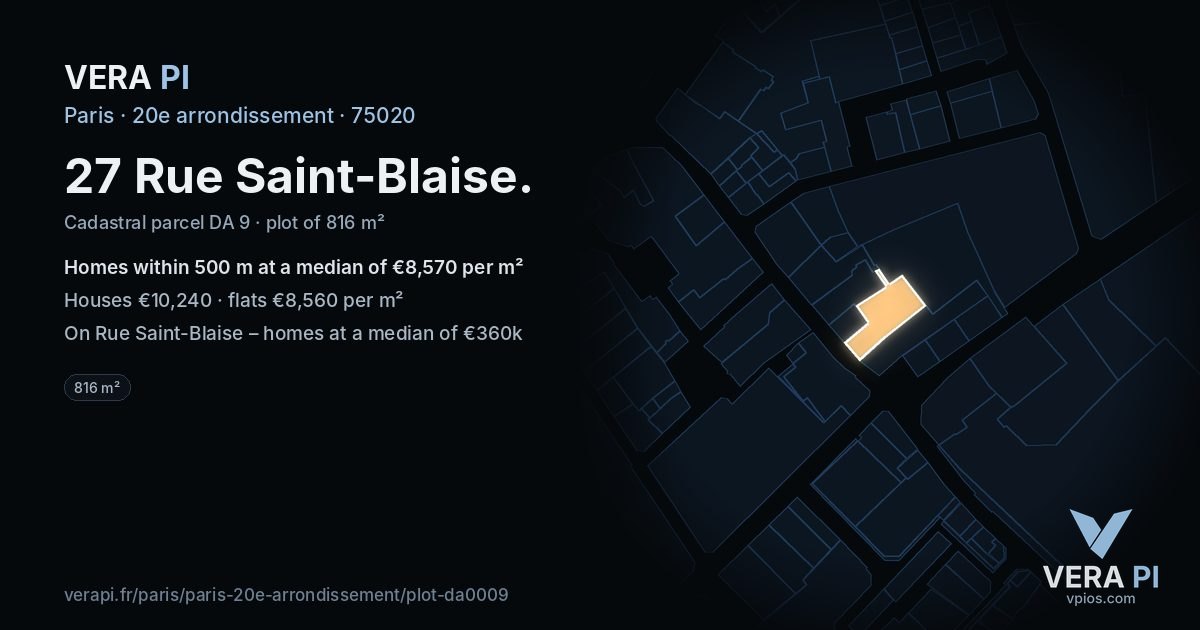 27 Rue Saint-Blaise, 20e arrondissement at night – the plot lit, the parcels around coloured by the prices near them