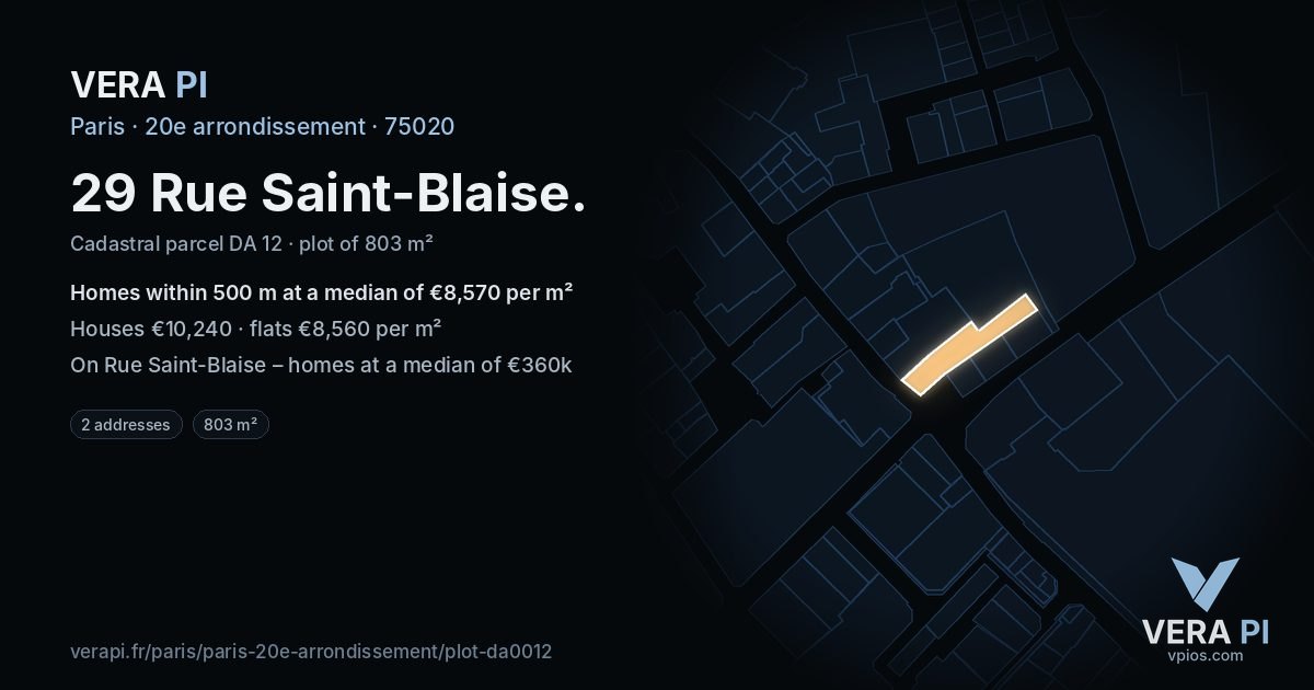 29 Rue Saint-Blaise, 20e arrondissement at night – the plot lit, the parcels around coloured by the prices near them