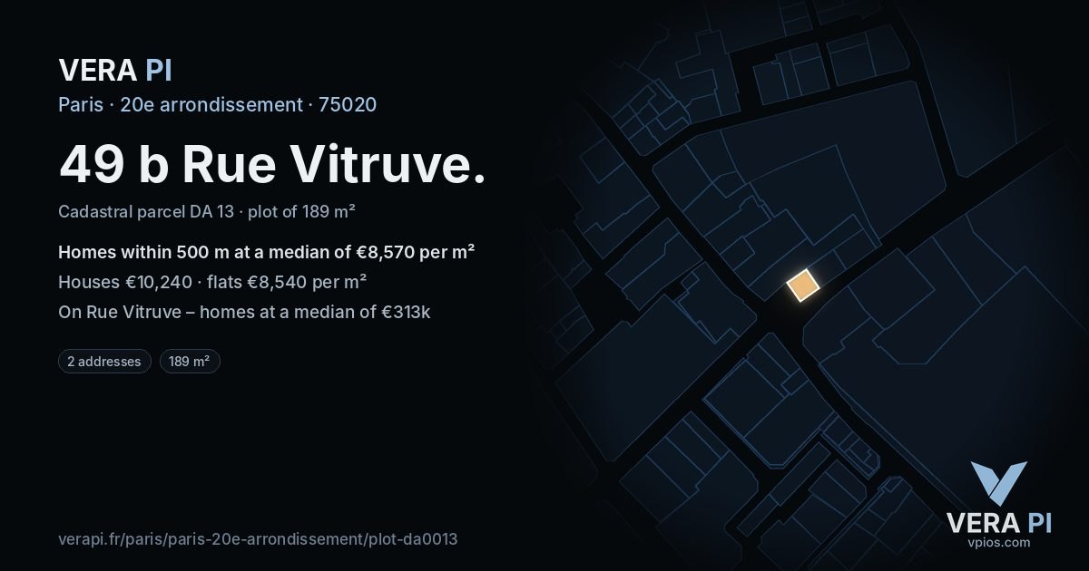 49 b Rue Vitruve, 20e arrondissement at night – the plot lit, the parcels around coloured by the prices near them