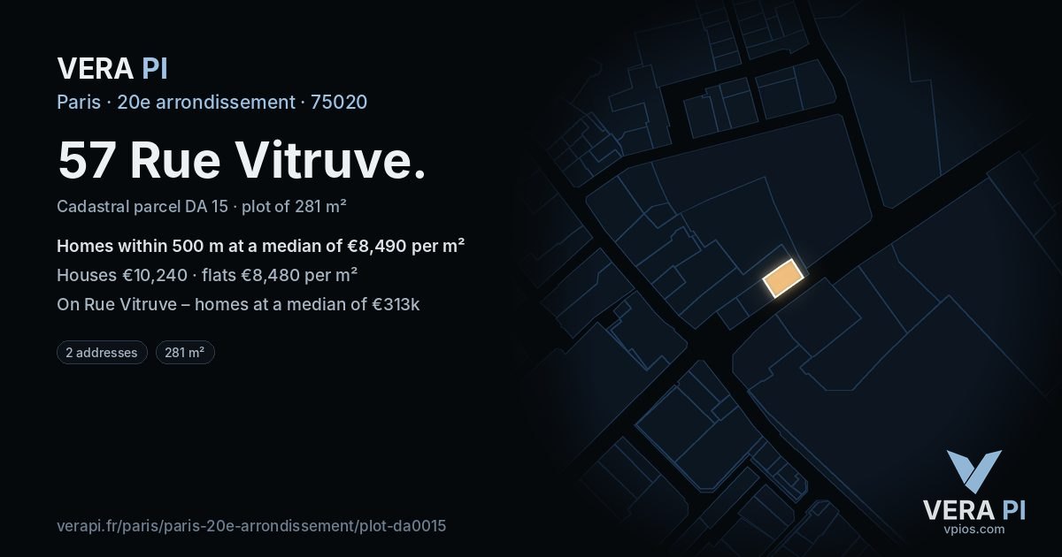 57 Rue Vitruve, 20e arrondissement at night – the plot lit, the parcels around coloured by the prices near them