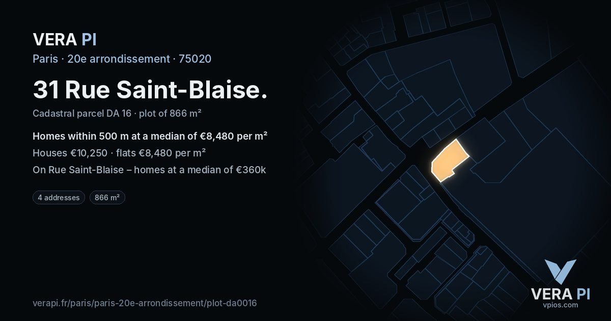 31 Rue Saint-Blaise, 20e arrondissement at night – the plot lit, the parcels around coloured by the prices near them