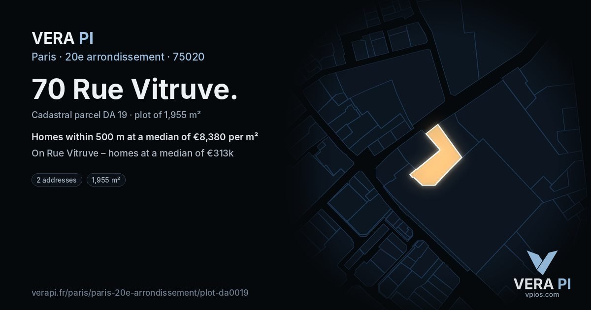 70 Rue Vitruve, 20e arrondissement at night – the plot lit, the parcels around coloured by the prices near them