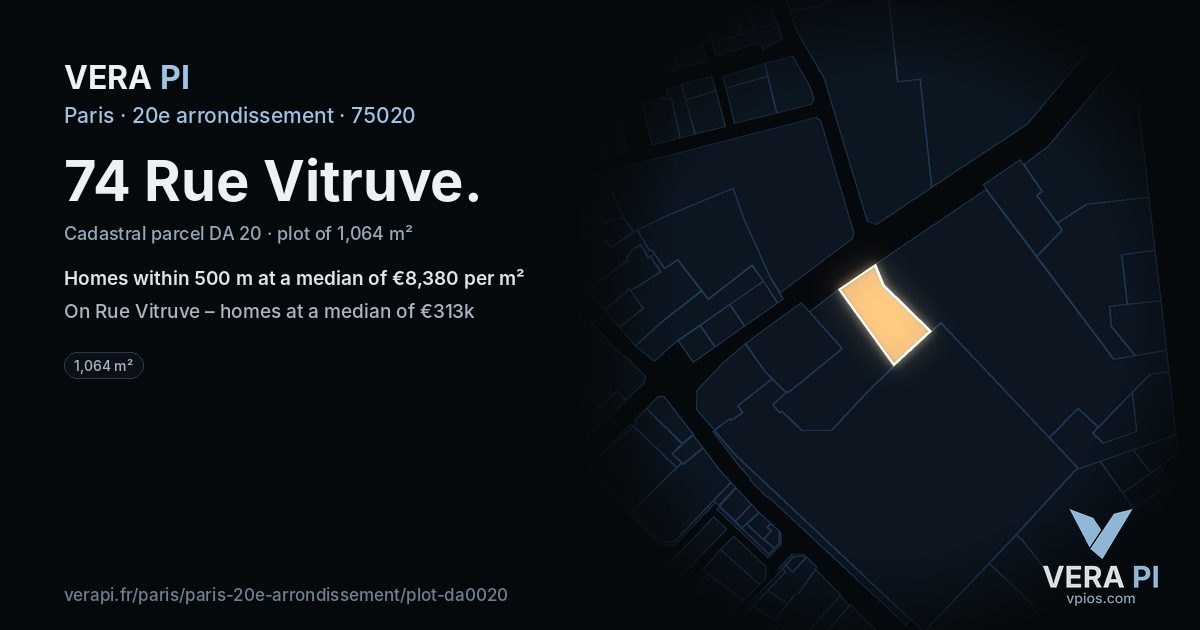 74 Rue Vitruve, 20e arrondissement at night – the plot lit, the parcels around coloured by the prices near them