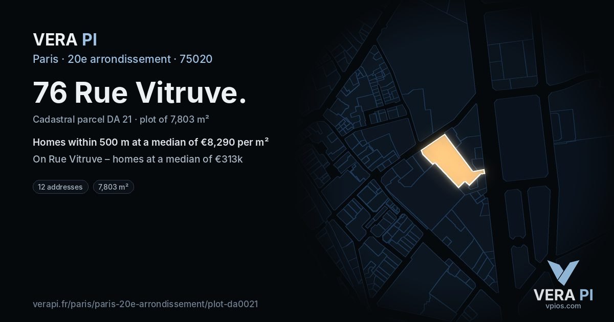 76 Rue Vitruve, 20e arrondissement at night – the plot lit, the parcels around coloured by the prices near them