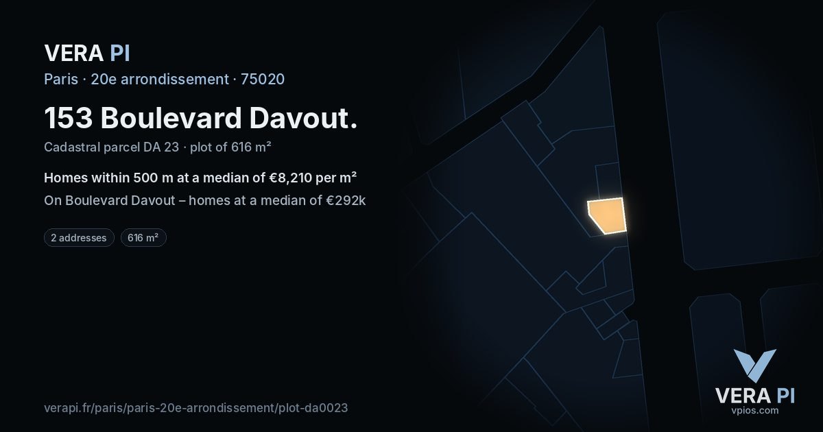 153 Boulevard Davout, 20e arrondissement at night – the plot lit, the parcels around coloured by the prices near them