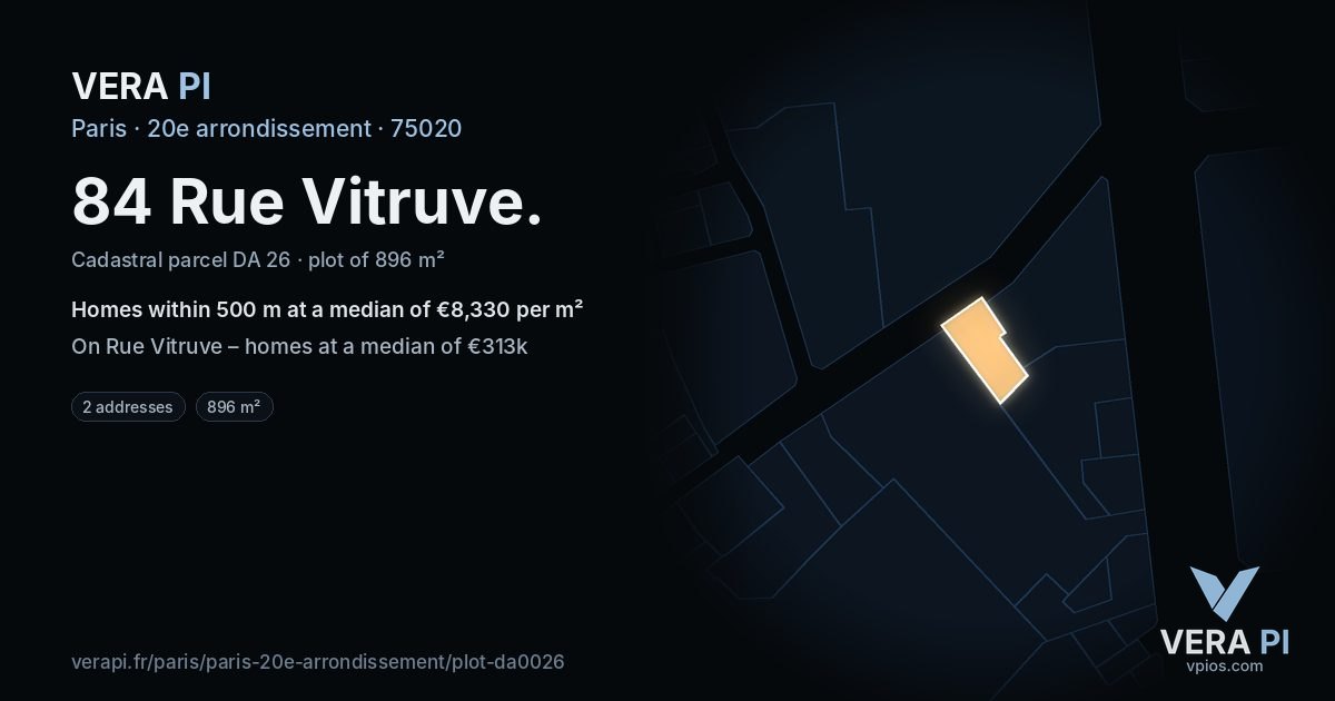 84 Rue Vitruve, 20e arrondissement at night – the plot lit, the parcels around coloured by the prices near them