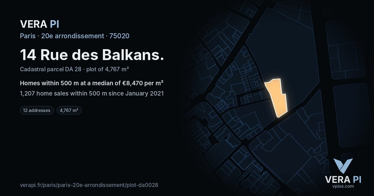 14 Rue des Balkans, 20e arrondissement at night – the plot lit, the parcels around coloured by the prices near them