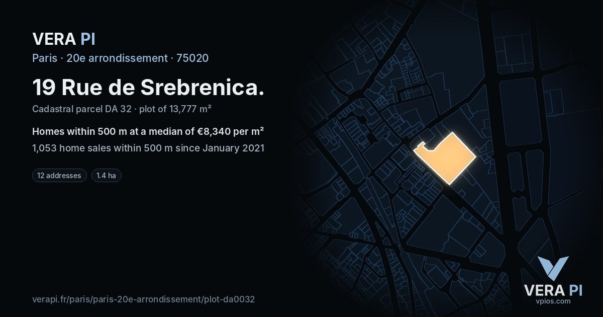 19 Rue de Srebrenica, 20e arrondissement at night – the plot lit, the parcels around coloured by the prices near them