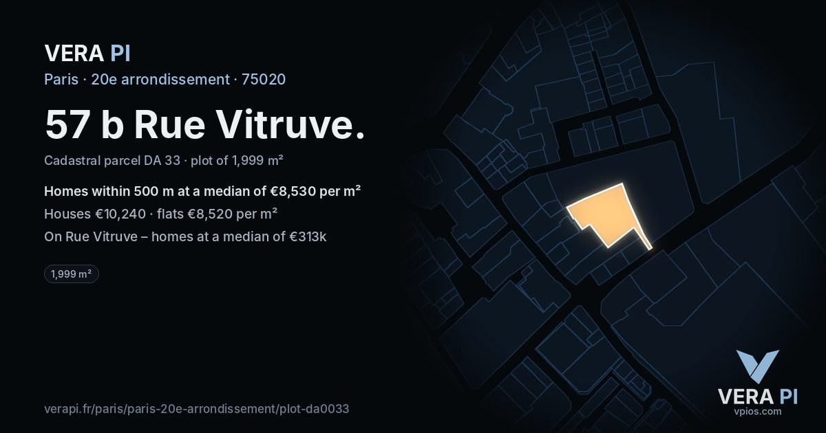 57 b Rue Vitruve, 20e arrondissement at night – the plot lit, the parcels around coloured by the prices near them