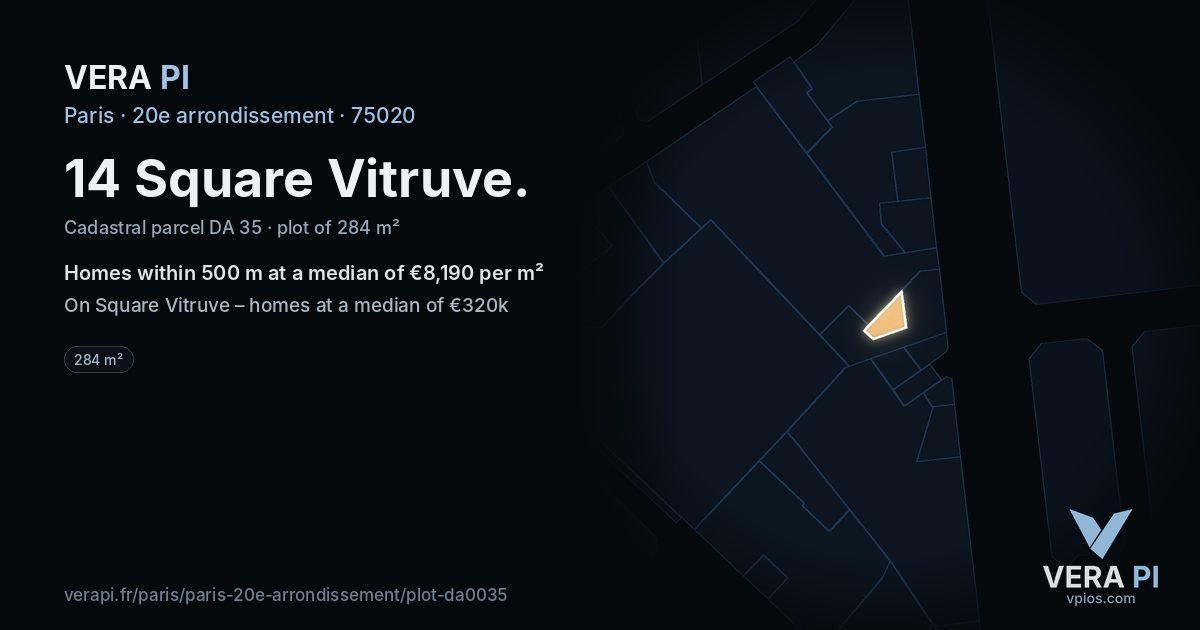 14 Square Vitruve, 20e arrondissement at night – the plot lit, the parcels around coloured by the prices near them