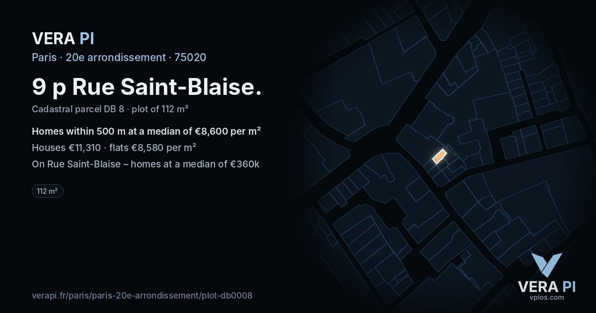 9 p Rue Saint-Blaise, 20e arrondissement at night – the plot lit, the parcels around coloured by the prices near them