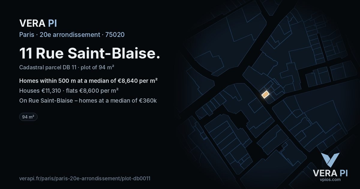 11 Rue Saint-Blaise, 20e arrondissement at night – the plot lit, the parcels around coloured by the prices near them