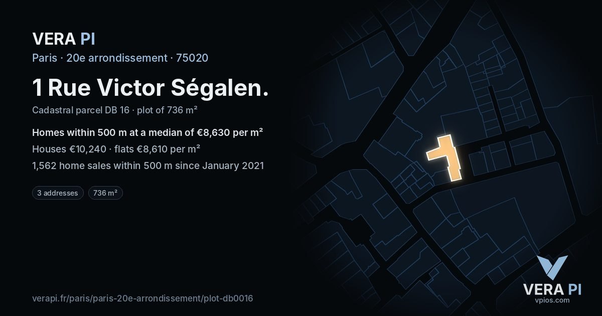 1 Rue Victor Ségalen, 20e arrondissement at night – the plot lit, the parcels around coloured by the prices near them