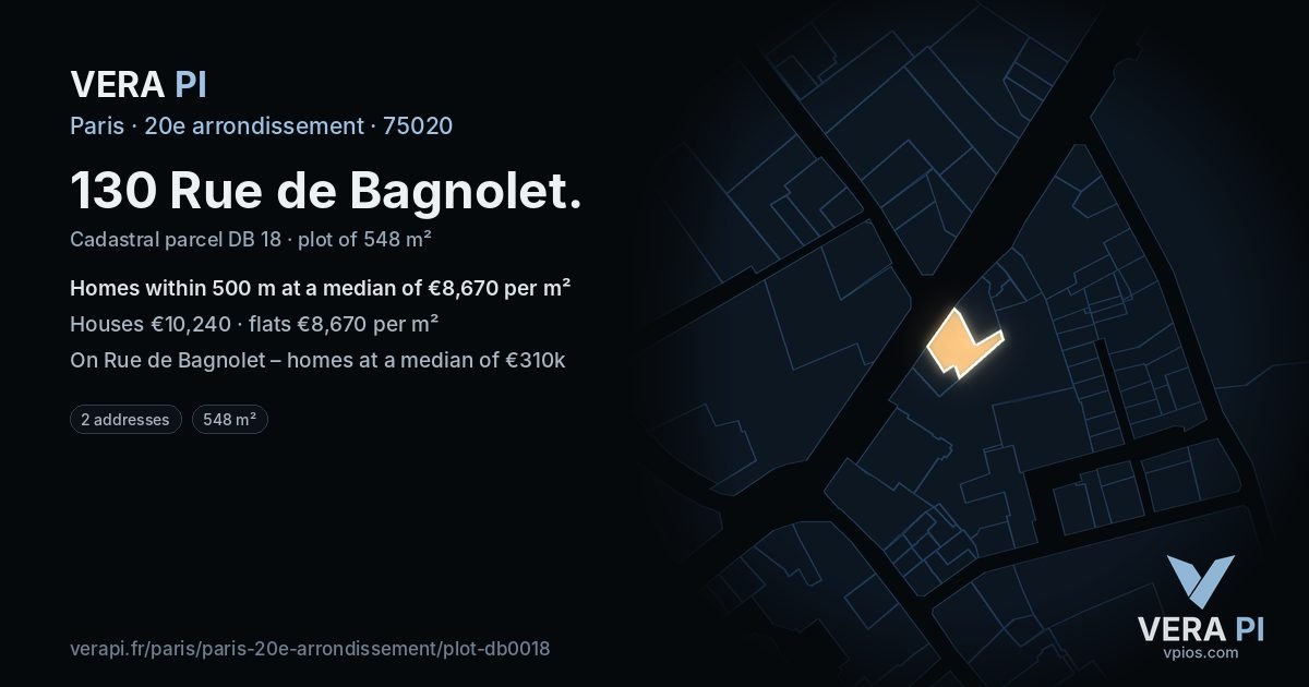 130 Rue de Bagnolet, 20e arrondissement at night – the plot lit, the parcels around coloured by the prices near them