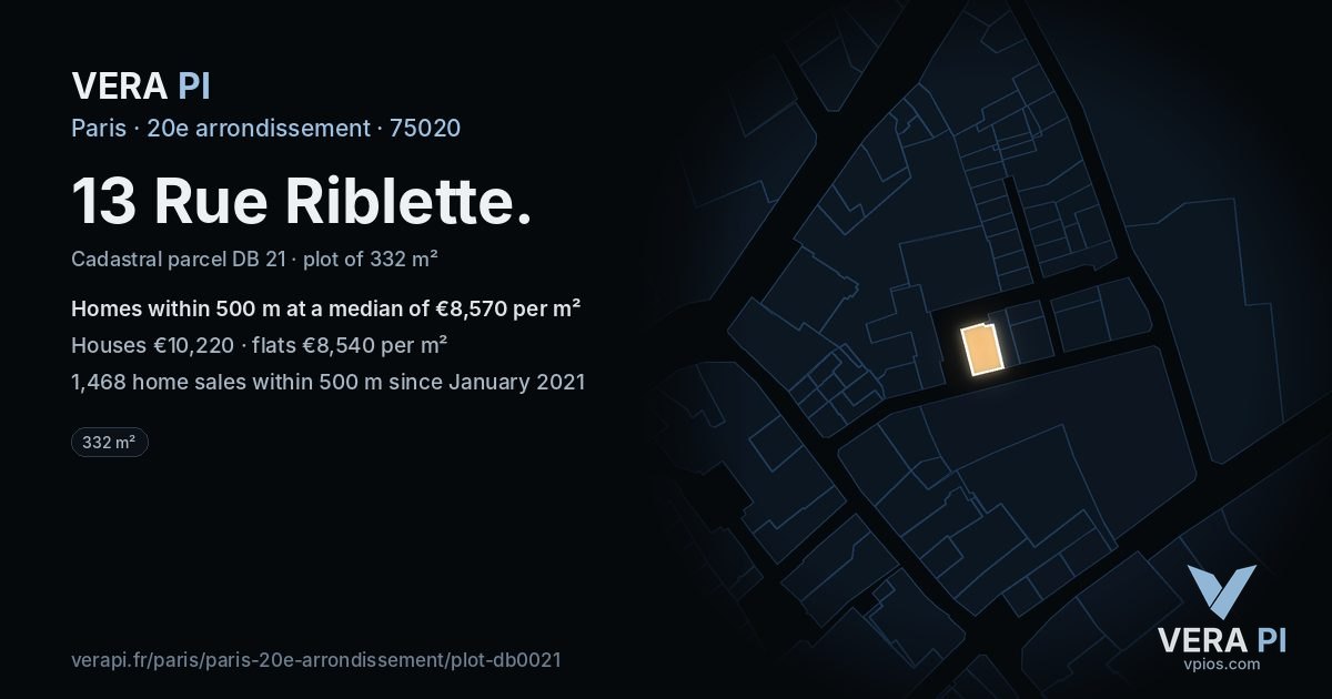 13 Rue Riblette, 20e arrondissement at night – the plot lit, the parcels around coloured by the prices near them